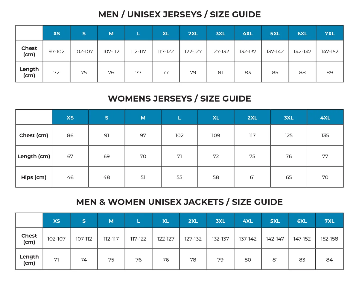 dl jersey and jacket sizes cm